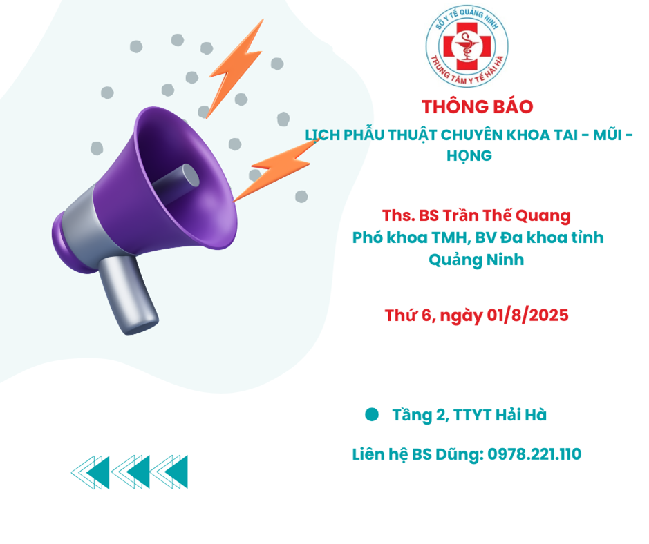 THÔNG BÁO PHẪU THUẬT CHUYÊN KHOA TAI - MŨI - HỌNG TẠI TRUNG TÂM Y TẾ HẢI HÀ